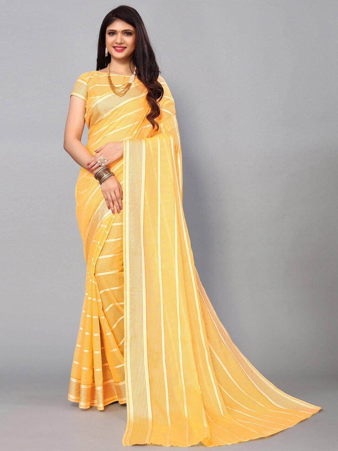 

KALINI Striped Woven Design Zari Saree, Yellow