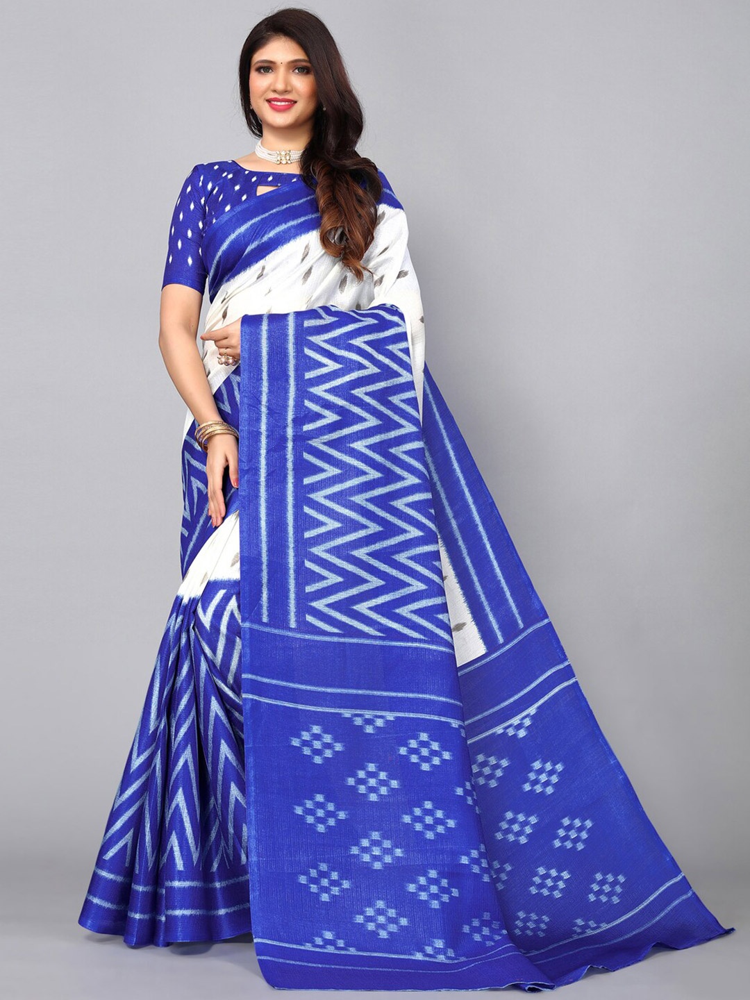 

KALINI Printed Silk Blend Saree, Blue