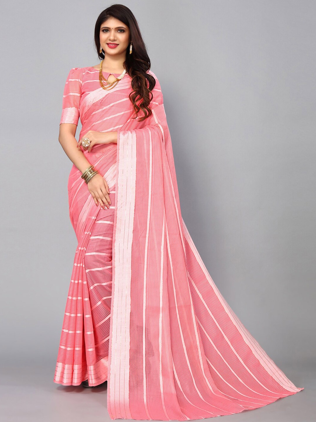 

KALINI Striped Woven Design Zari Saree, Pink