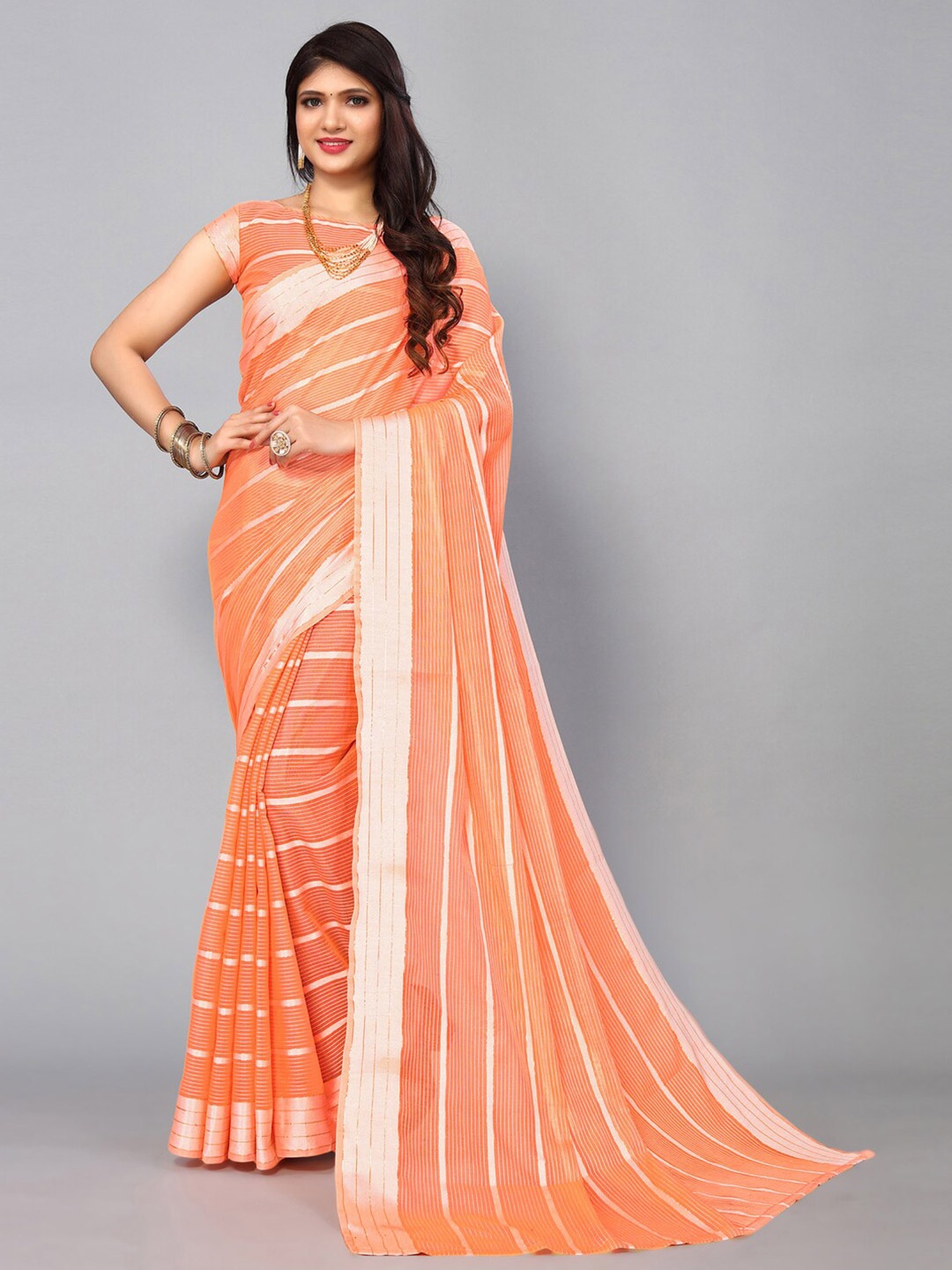 

KALINI Striped Woven Design Saree, Orange