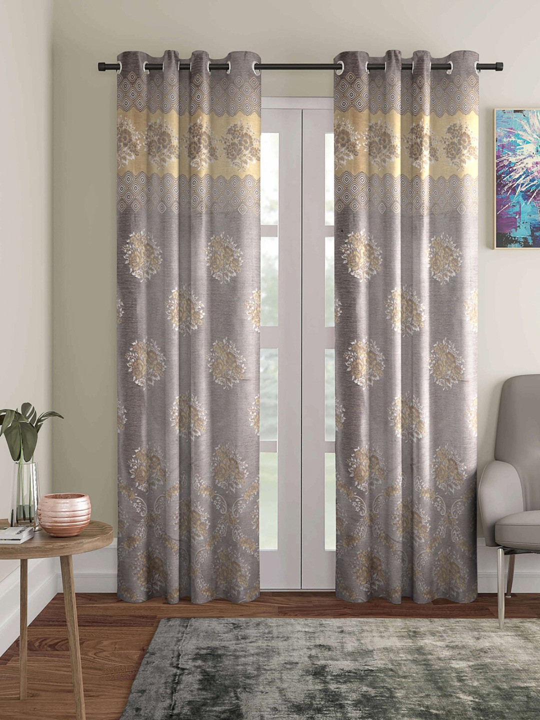 

ROMEE Silver-Toned & Beige Set of 2 Floral Jacquard Room Darkening Long Door Curtain