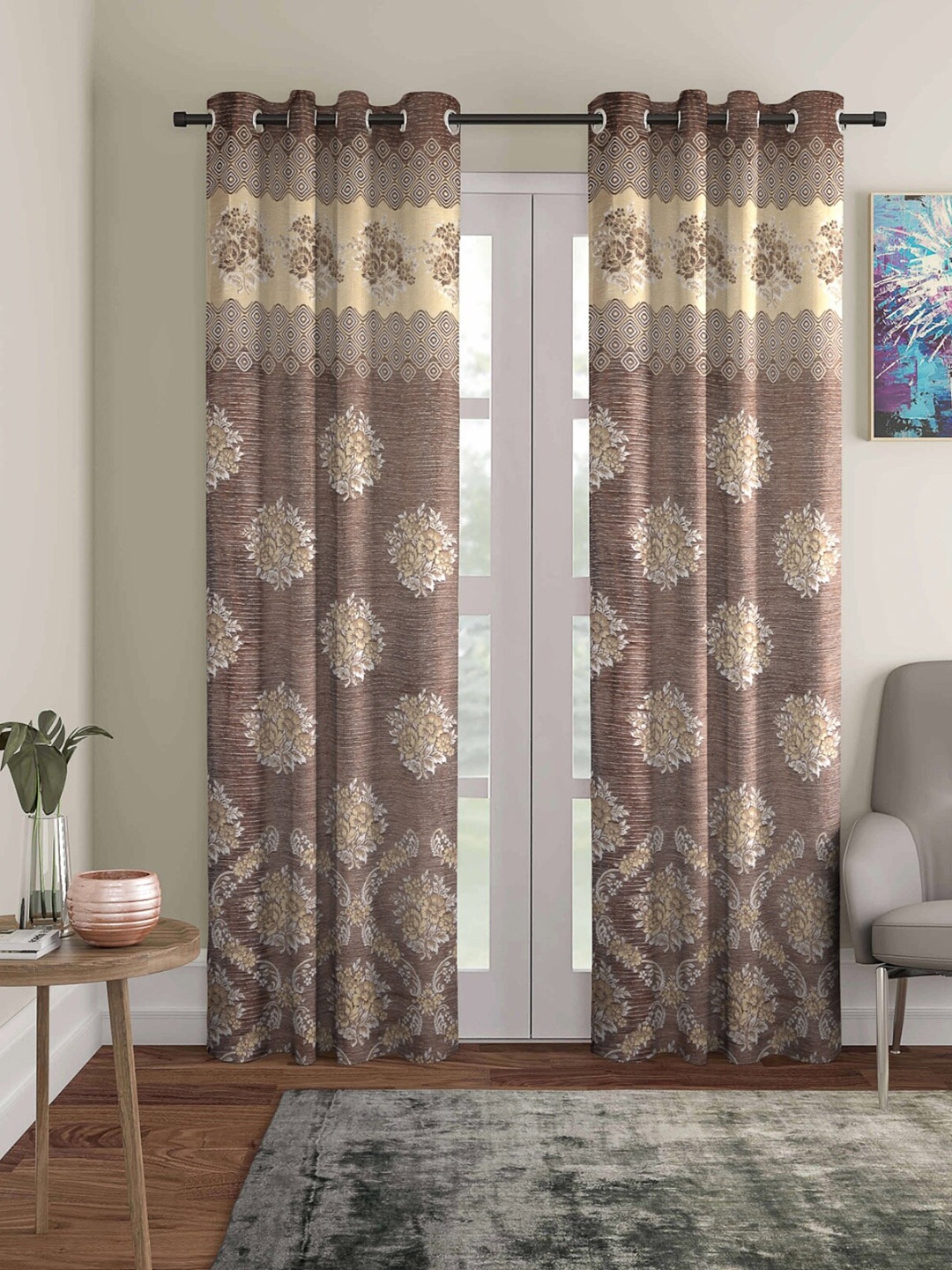 

ROMEE Brown & White Set of 2 Floral Jacquard Room Darkening Long Door Curtain