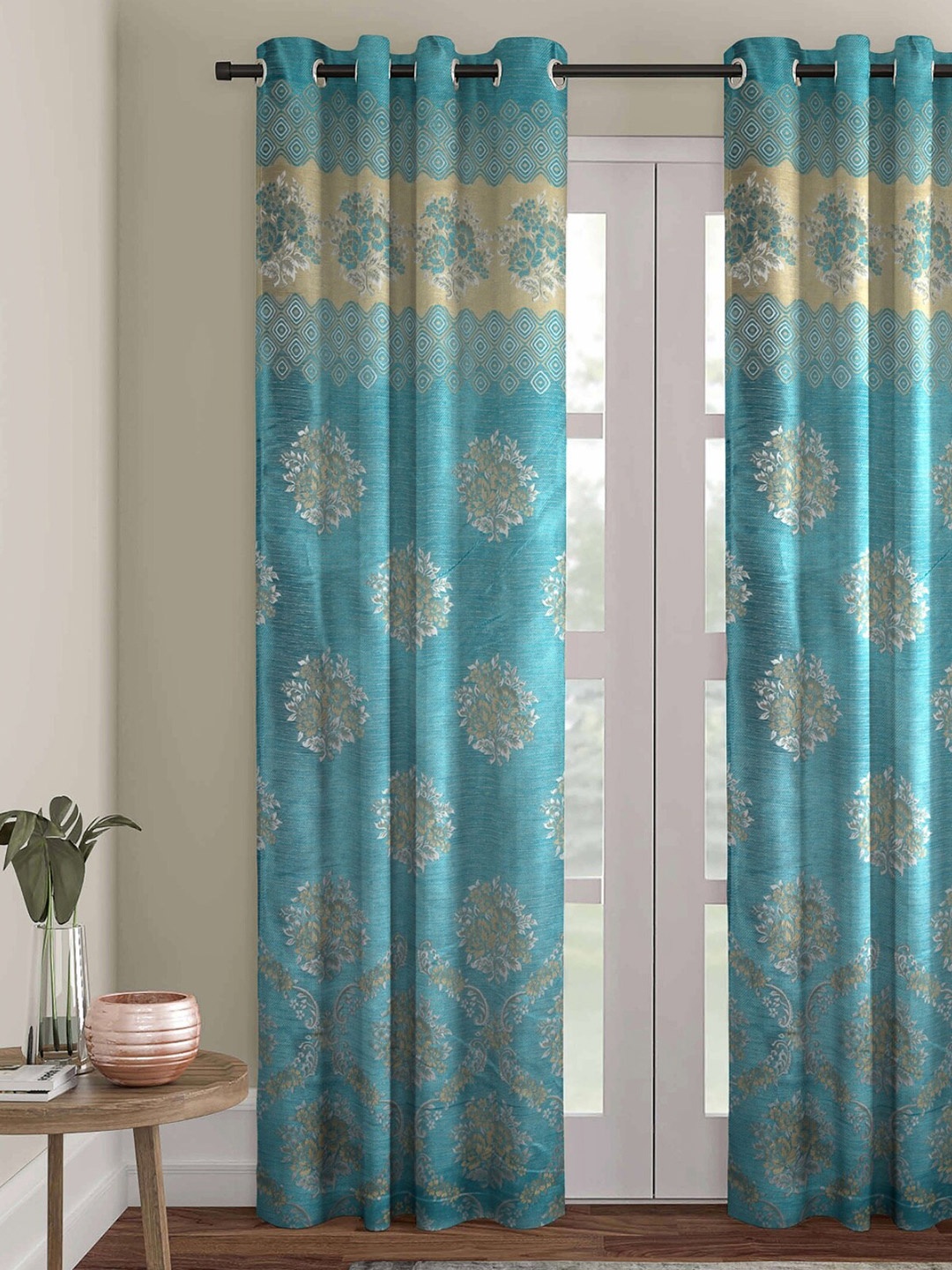 ROMEE Turquoise Blue & Beige Floral Jacquard Room Darkening Long Door Curtain
