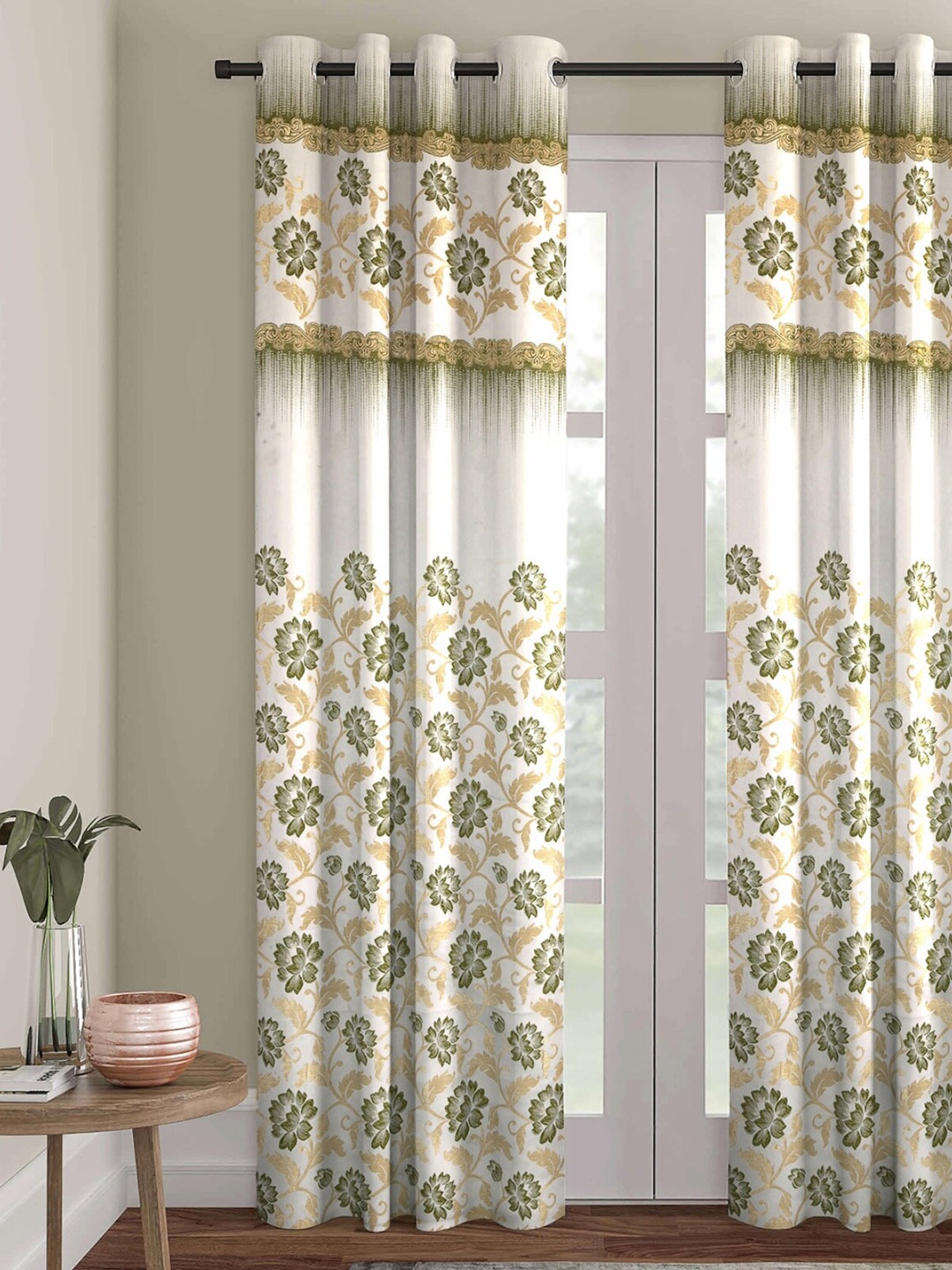 ROMEE White & Green Floral Jacquard Room Darkening Long Door Curtain