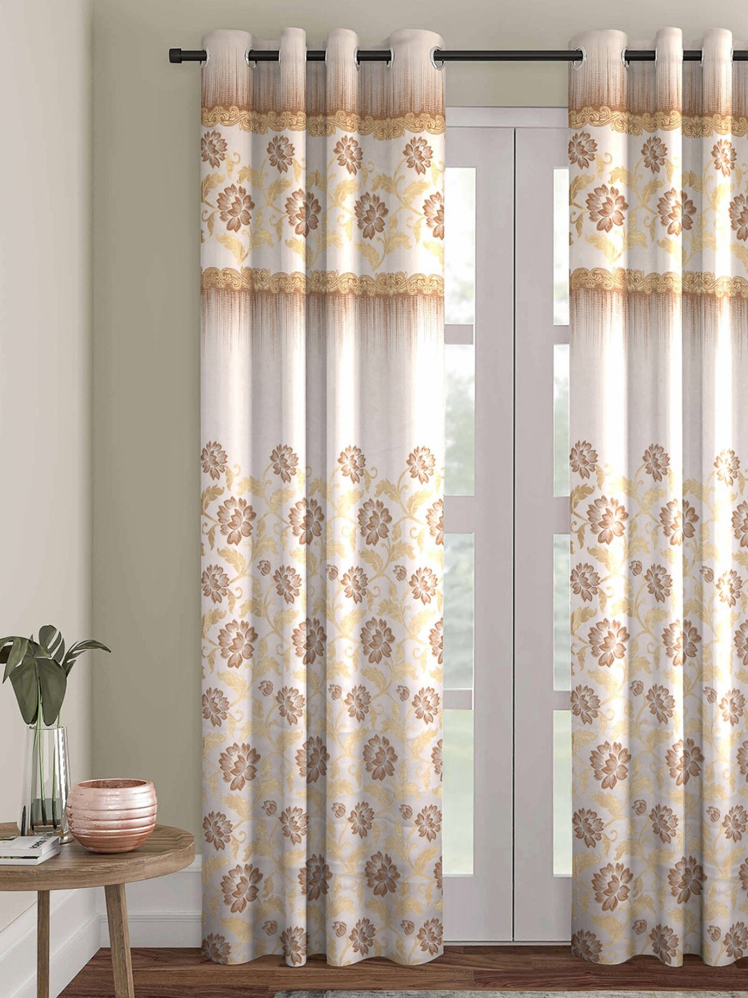 

ROMEE White & Beige Floral Jacquard Room Darkening Long Door Curtain