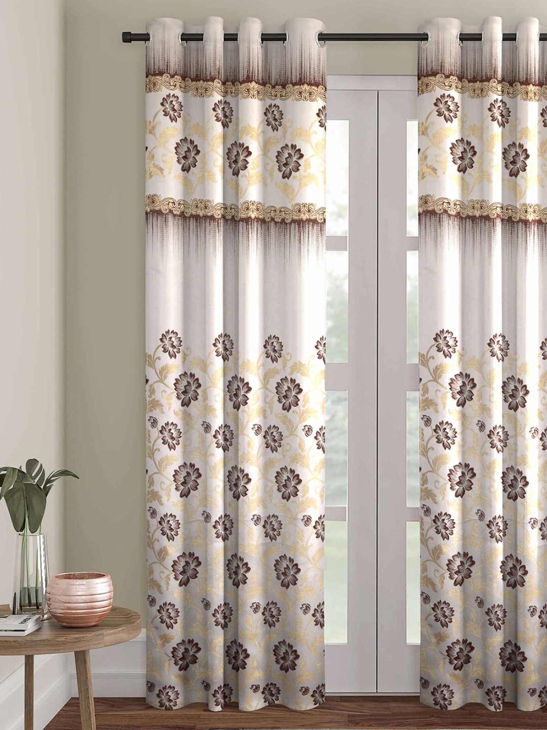 

ROMEE White & Beige Floral Jacquard Room Darkening Long Door Curtain