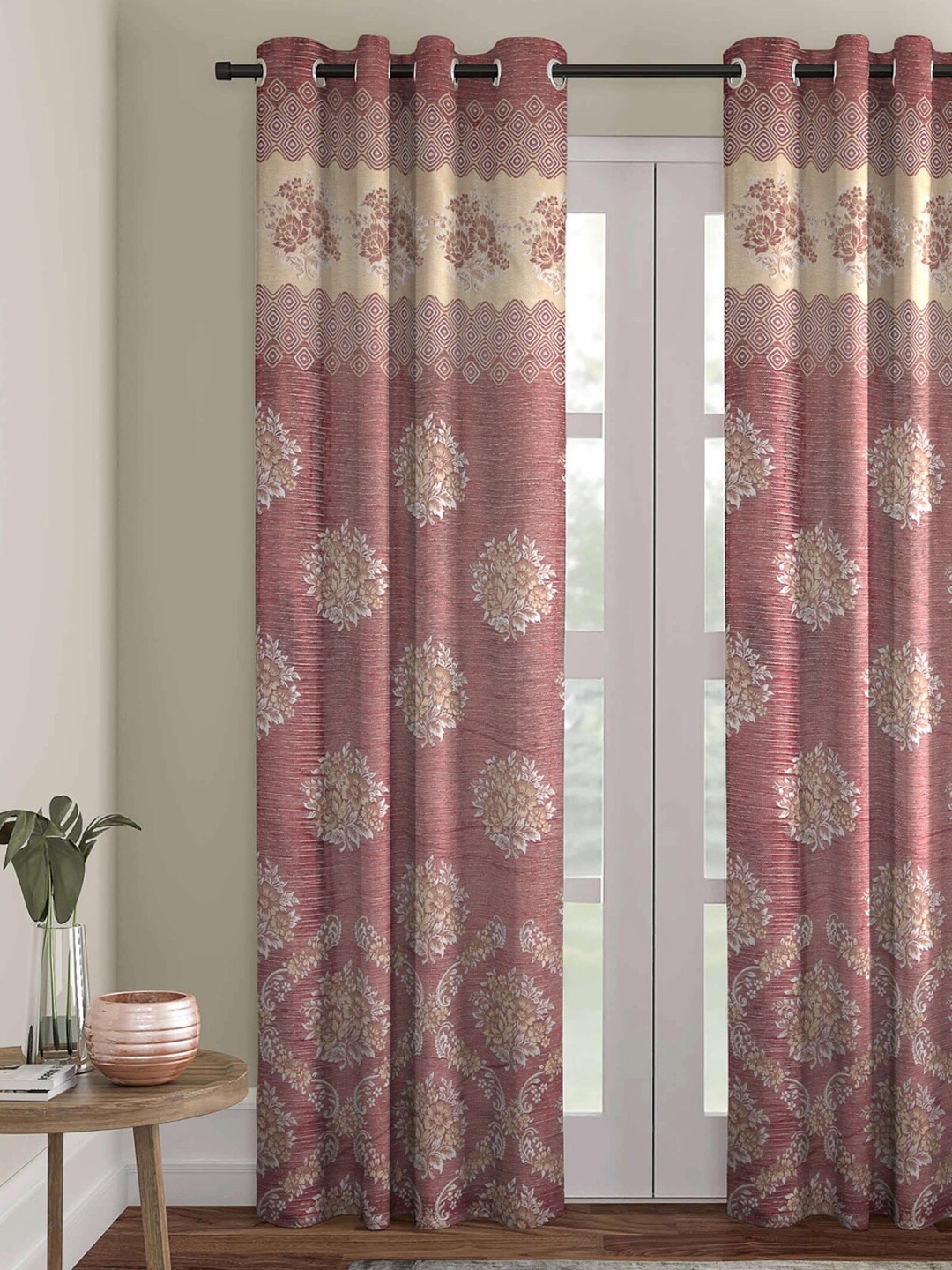 

ROMEE Maroon & Beige Floral Jacquard Room Darkening Long Door Curtain