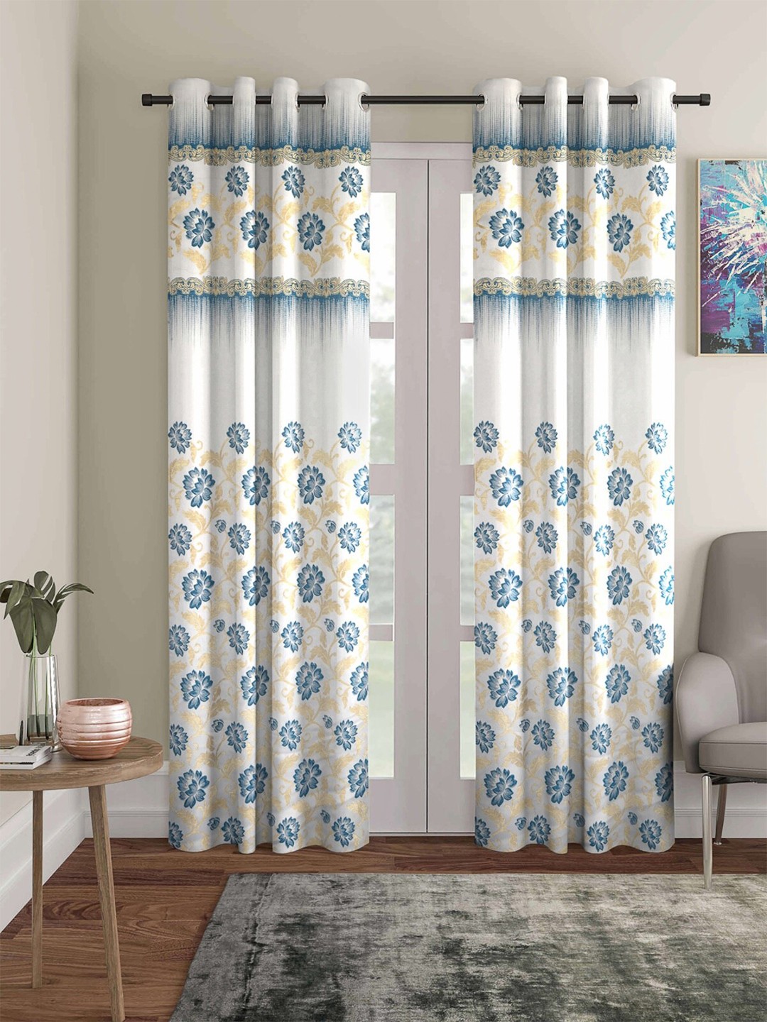 

ROMEE White & Blue Set of 2 Floral Jacquard Room Darkening Long Door Curtain