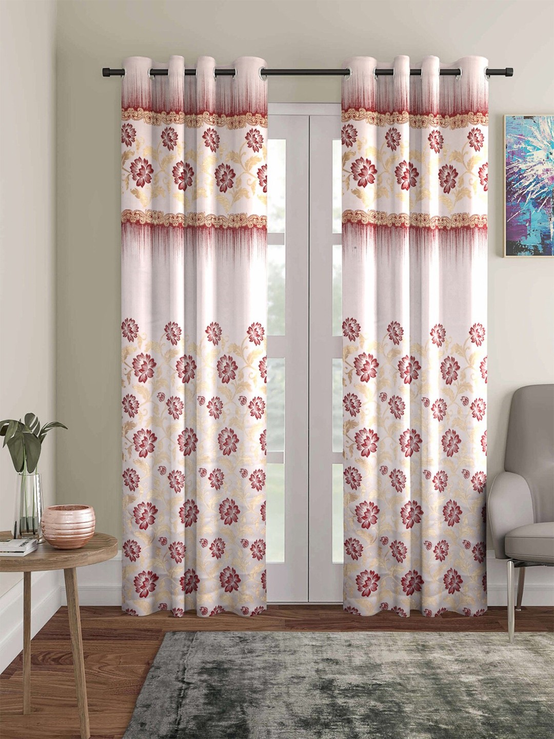 

ROMEE White & Maroon Set of 2 Floral Jacquard Room Darkening Long Door Curtain