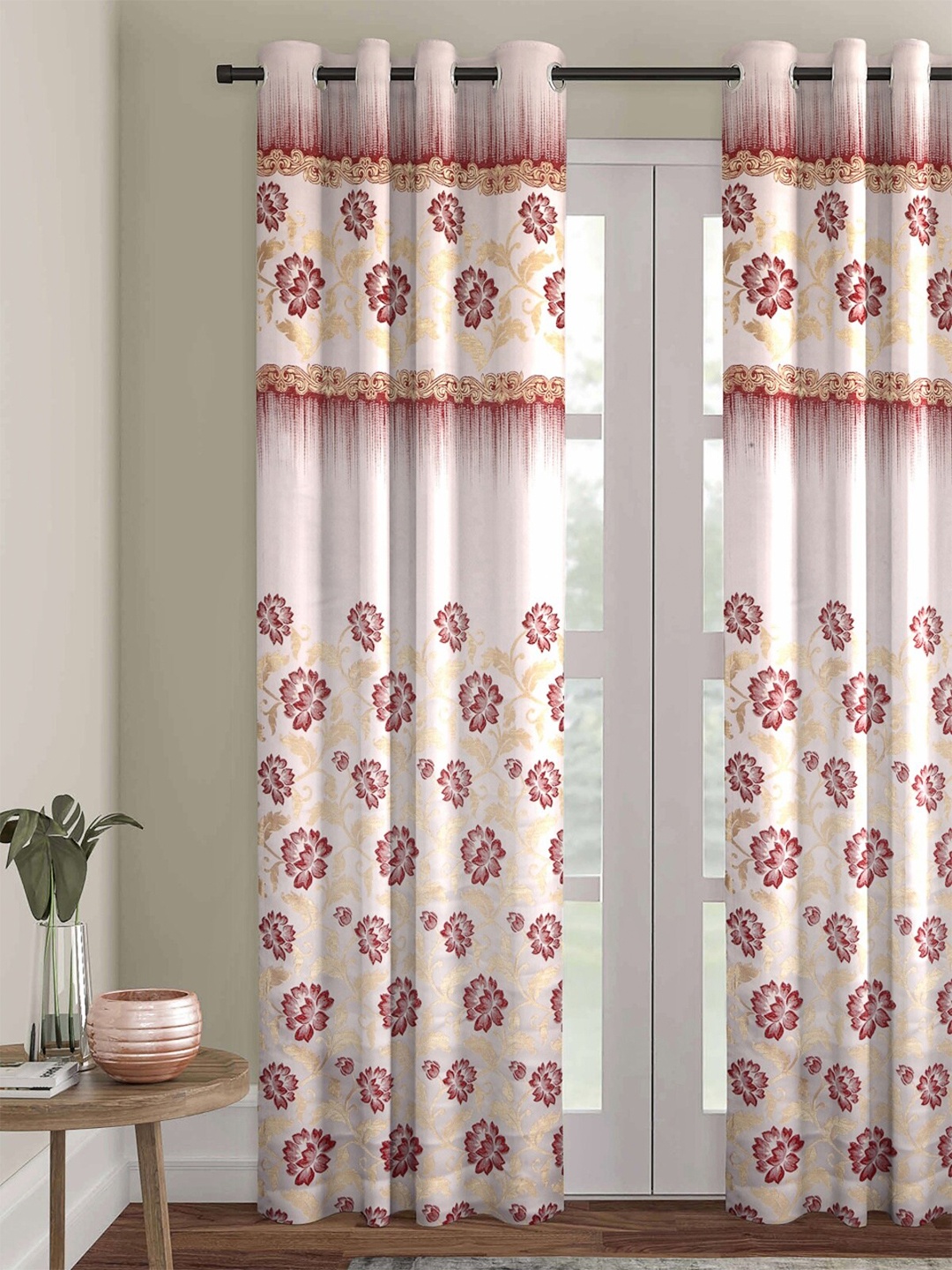 

ROMEE White & Maroon Floral Jacquard Room Darkening Long Door Curtain