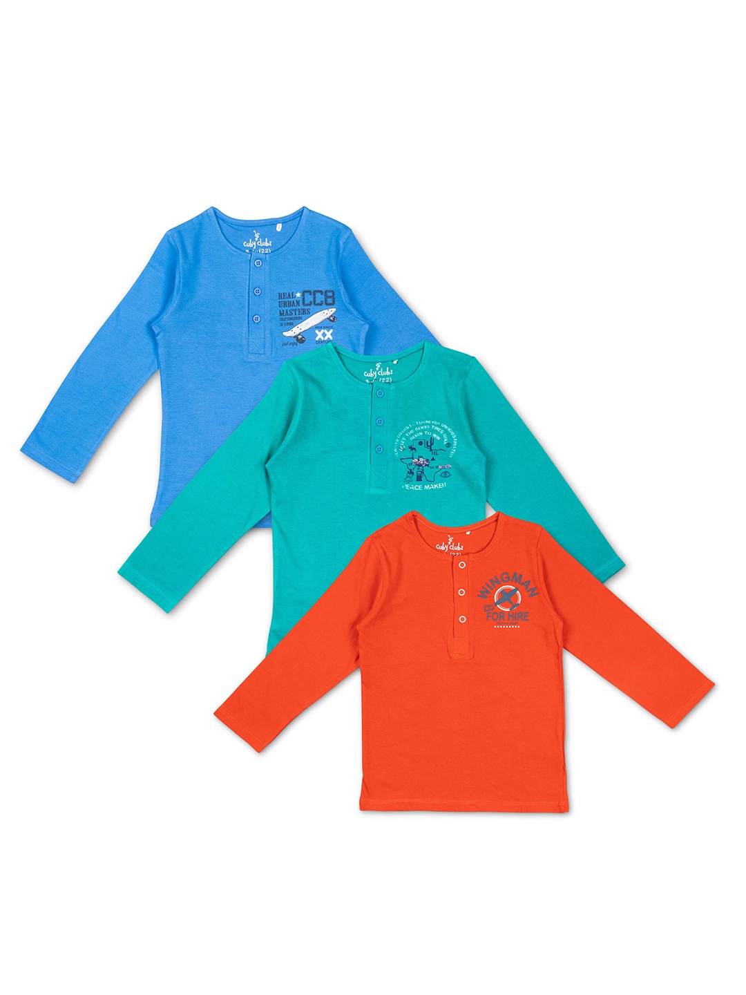 

Cuby Clubz Pack of 3 Boys Typography Henley Neck Cotton T-shirt, Blue