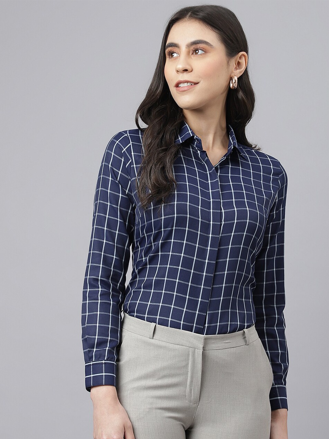 

English Navy Women Grid Tattersall Checked Formal Shirt, Navy blue