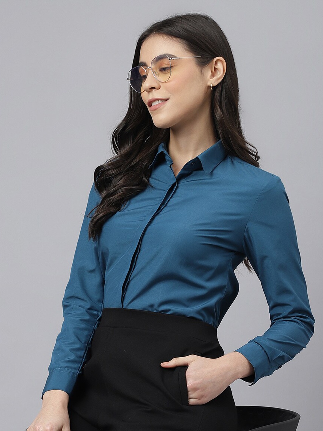 

English Navy Women Formal Shirt, Turquoise blue