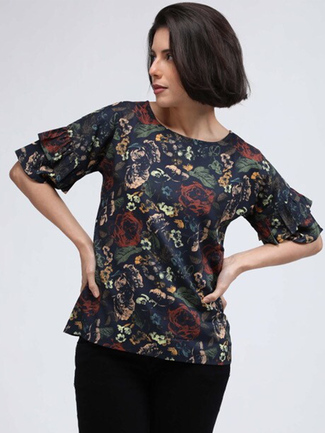 

IDK Black Floral Printed Short Sleeves Top