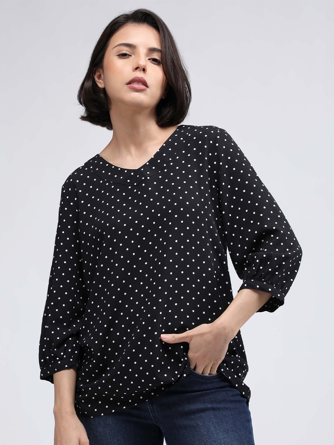 

IDK Polka Dot Printed Puff Sleeves Top, Black