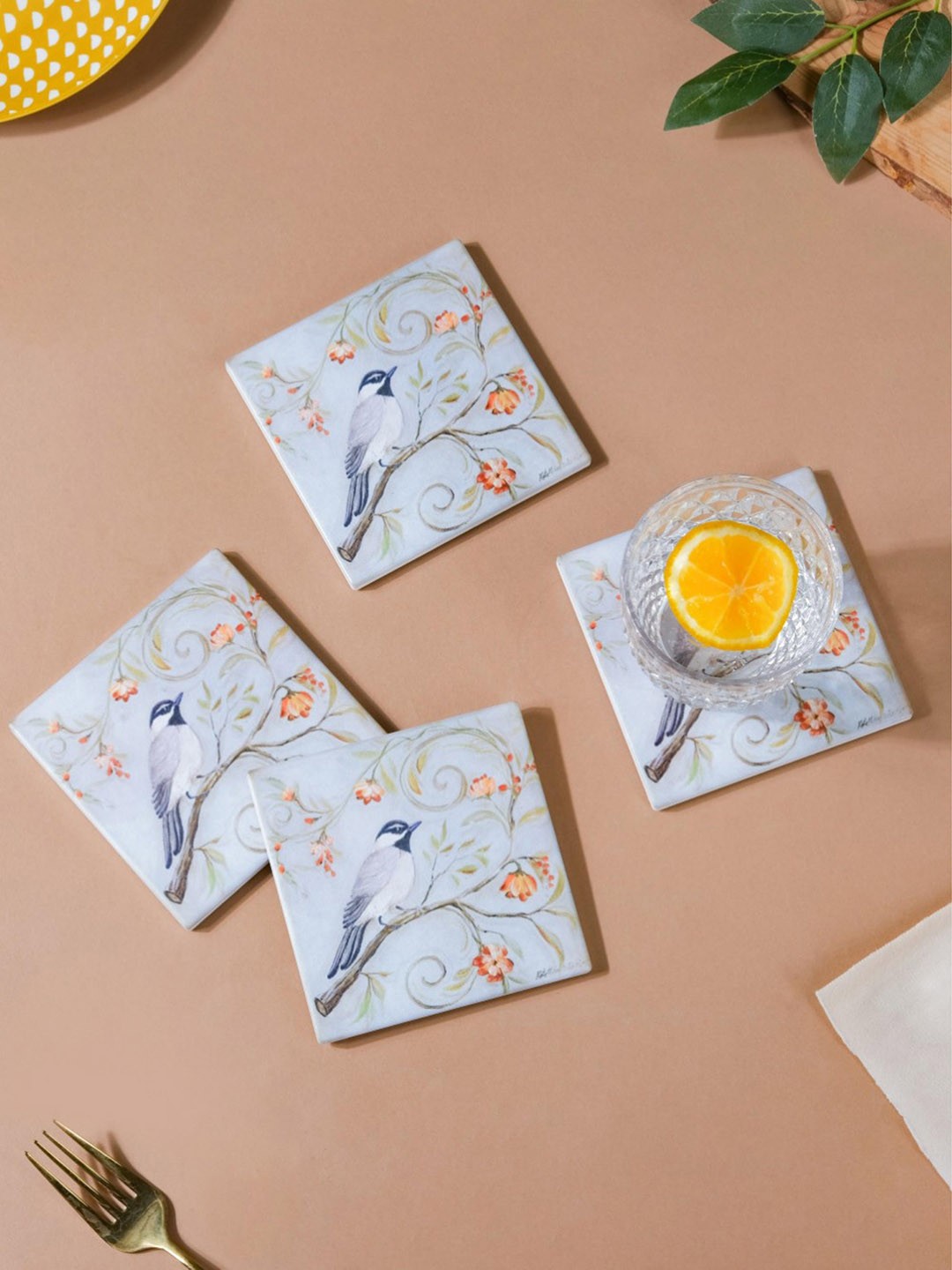 

Nestasia Blue & Orange Set Of 4 Printed Square Ceramic Coasters with Cork