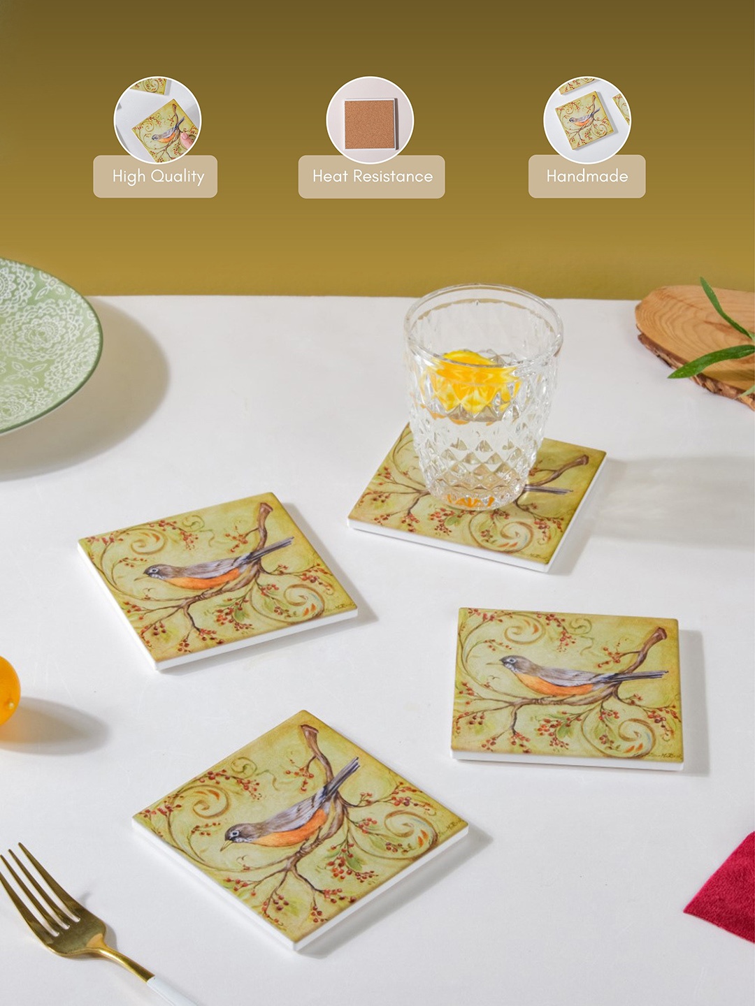 

Nestasia Green & Orange Set Of 4 Vintage Robin Bird Printed Coaster With Cork