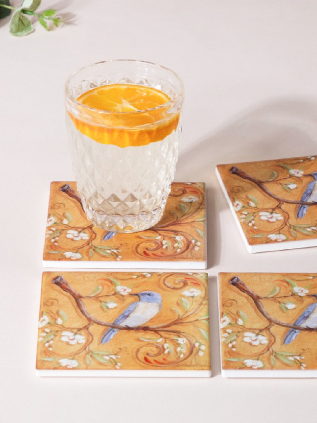 

Nestasia Vintage Bluebird Orange Set Of 4 Printed Coasters With Cork