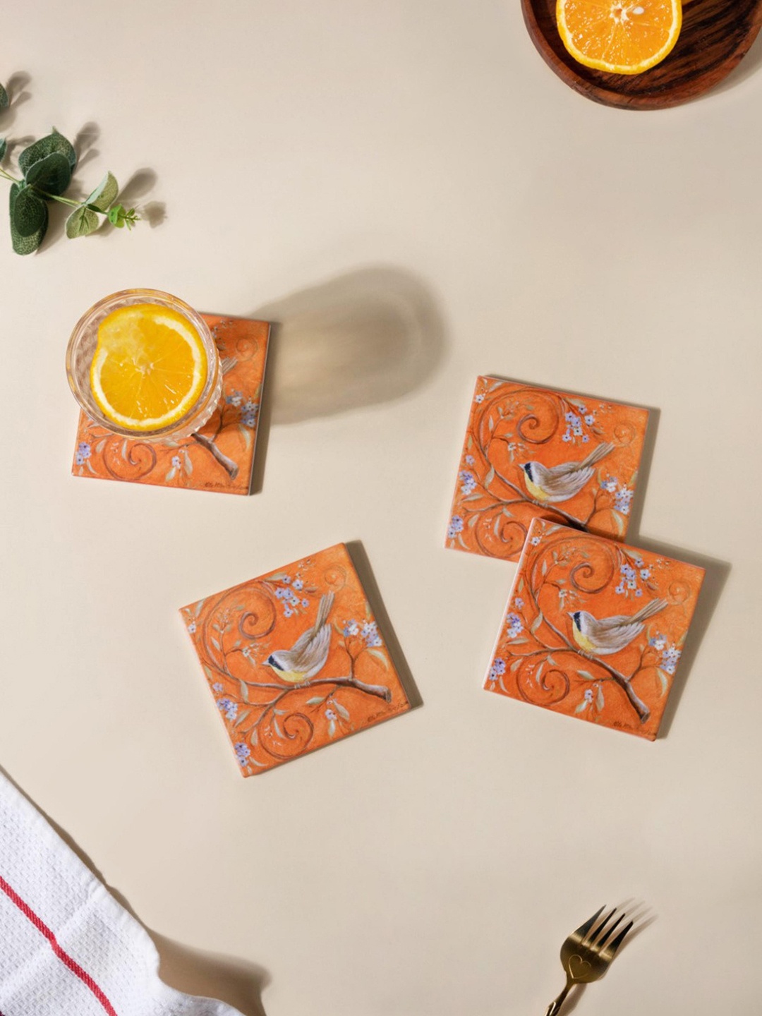 

Nestasia Orange Set Of 4 Ceramic Tufted Bird & Cork Coasters