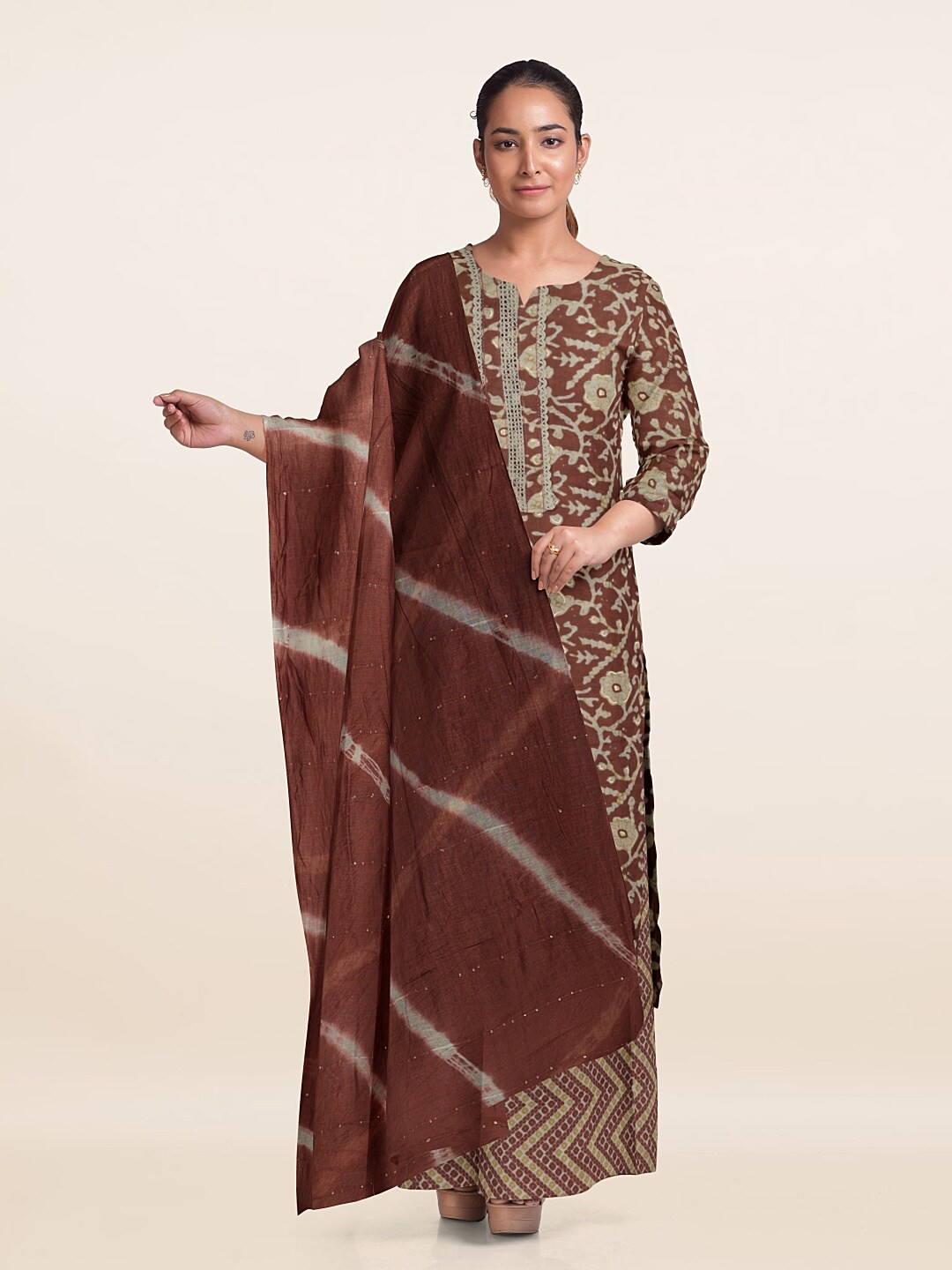 

Pothys Brown & Beige Printed Unstitched Dress Material