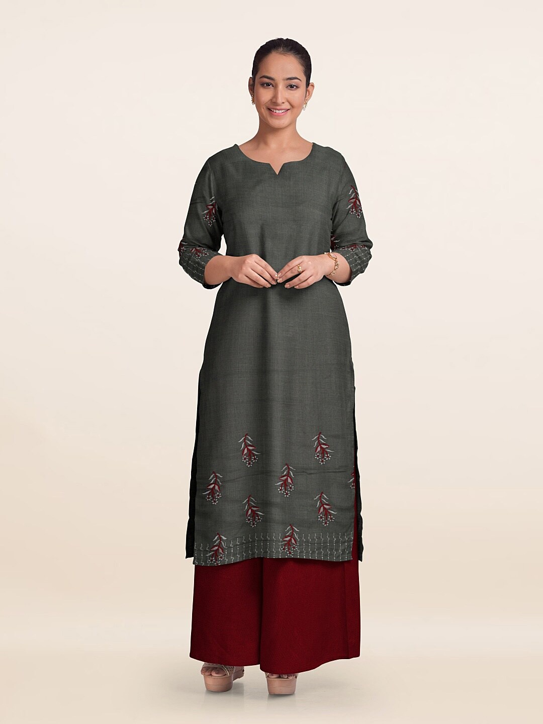

Pothys Floral Embroidered Unstitched Dress Material, Grey