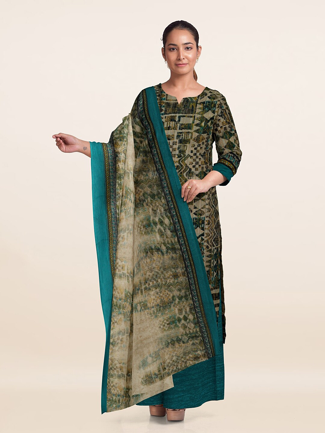 

Pothys Printed Unstitched Dress Material, Green