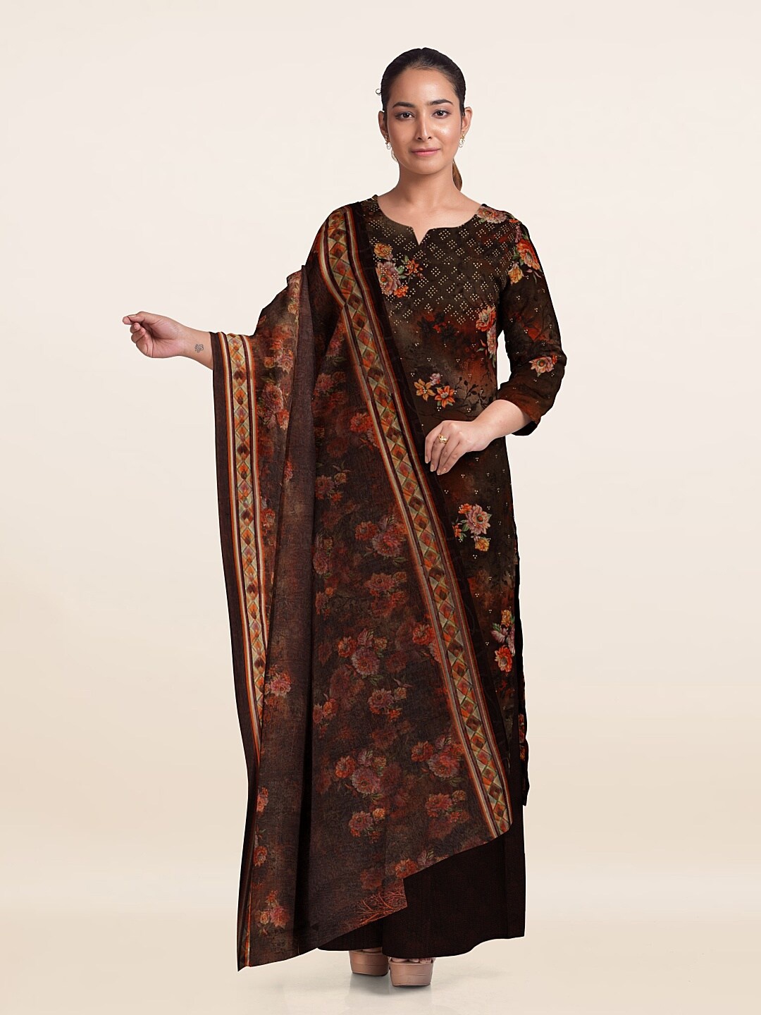 

Pothys Unstitched Dress Material, Brown