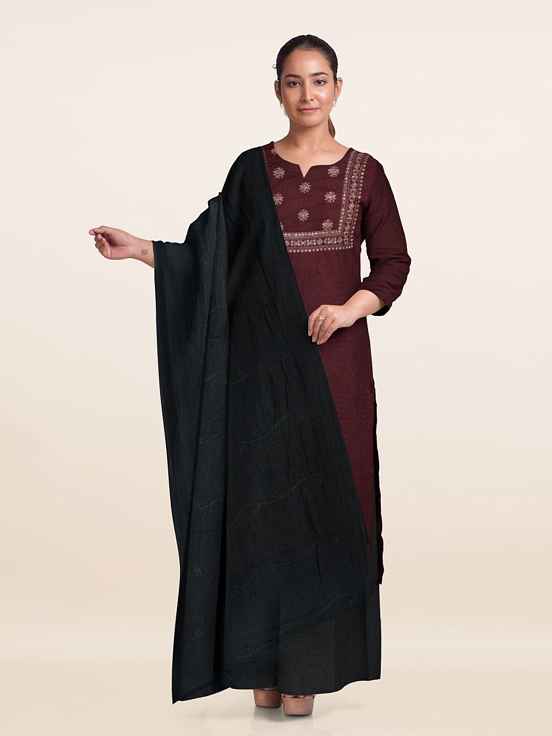 

Pothys Floral Embroidered Unstitched Dress Material, Maroon