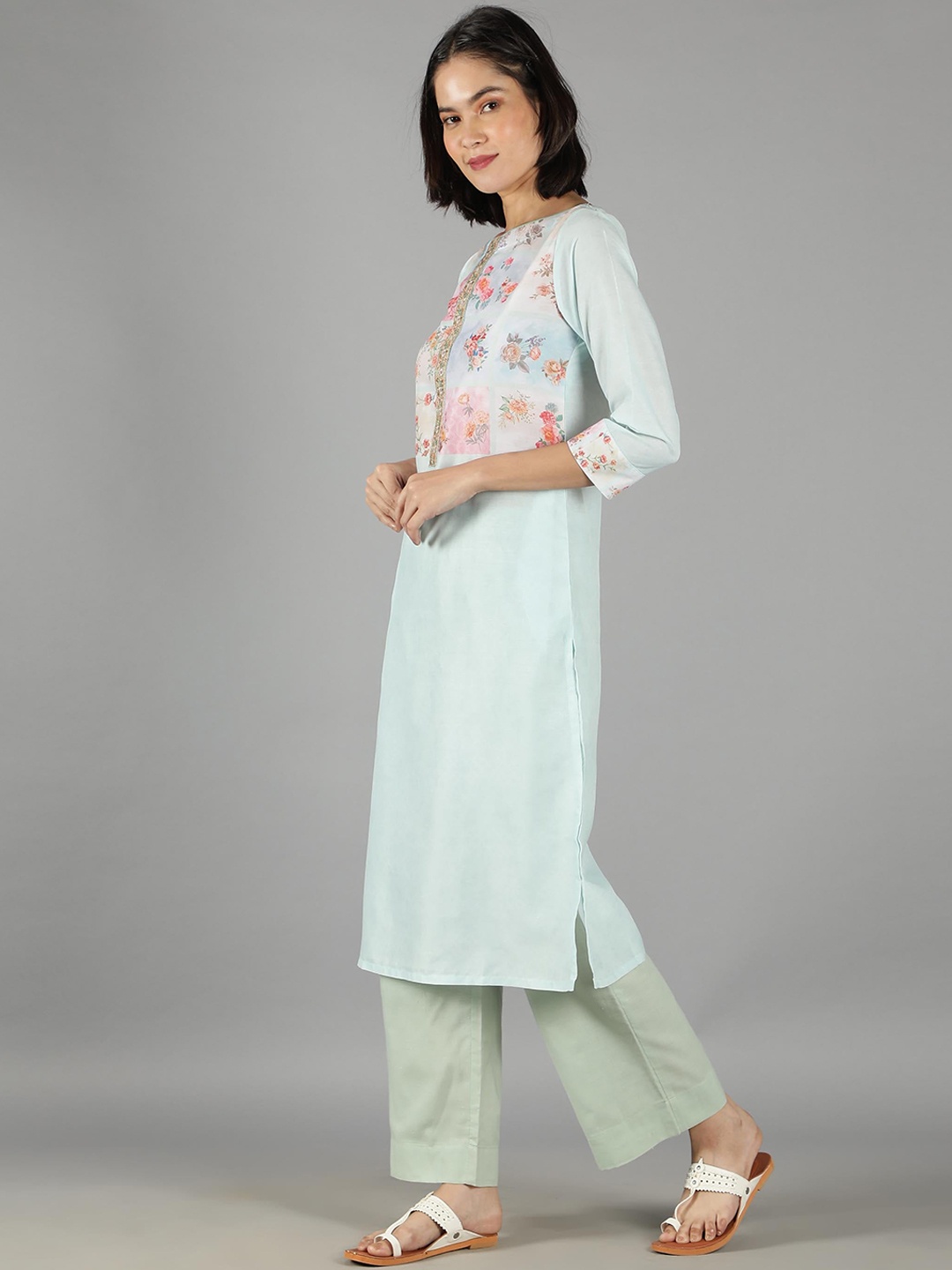 

BARARA ETHNIC Women Floral Yoke Design Pure Cotton Kurta with Trousers & Dupatta, Sea green