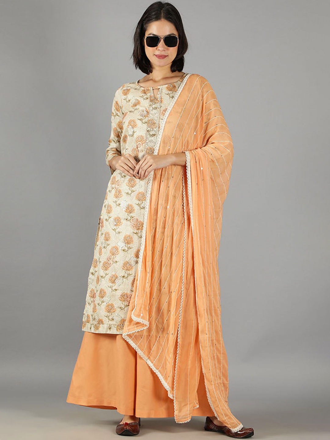 

BARARA ETHNIC Women Floral Printed Sequinned Pure Cotton Kurta with Palazzos & Dupatta, Coral