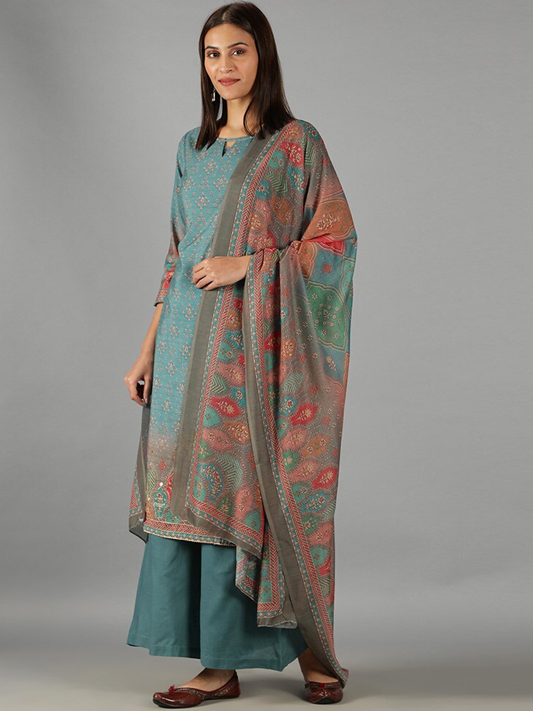 

BARARA ETHNIC Ethnic Motifs Printed Pure Cotton Kurta with Palazzos & Dupatta, Blue