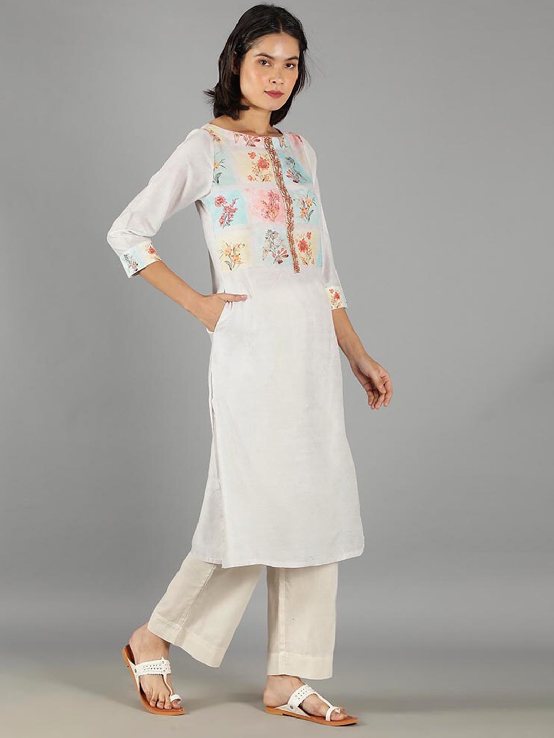 

BARARA ETHNIC Women Pure Cotton Floral Printed Kurta with Trousers & With Dupatta, White