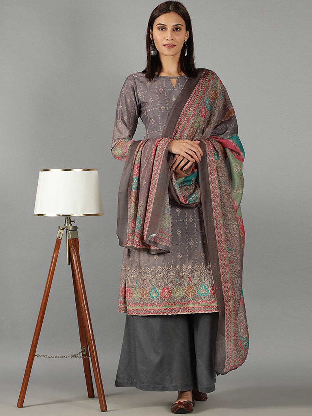 

BARARA ETHNIC Ethnic Motifs Printed Pure Cotton Kurta with Palazzos & Dupatta, Grey