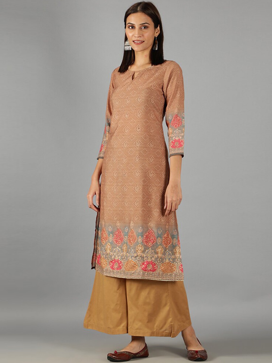 

BARARA ETHNIC Floral Printed Pure Cotton Kurta with Palazzos & With Dupatta, Brown