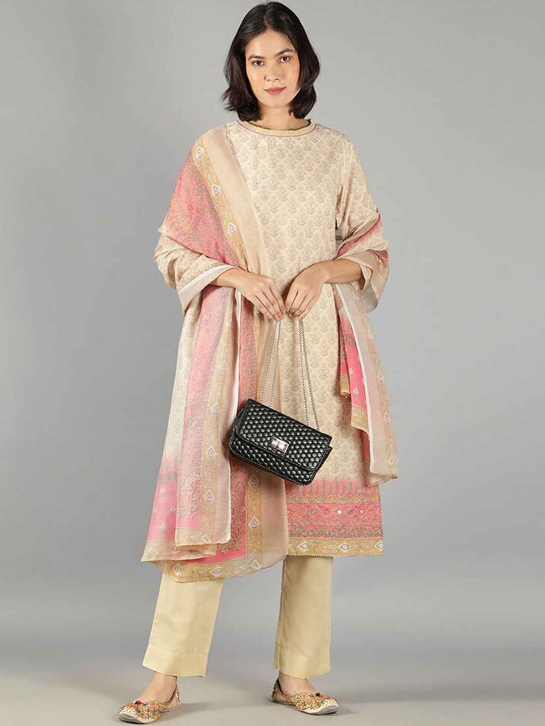 

BARARA ETHNIC Women Printed Beads and Stones Pure Cotton Kurta with Trousers & Dupatta, Cream