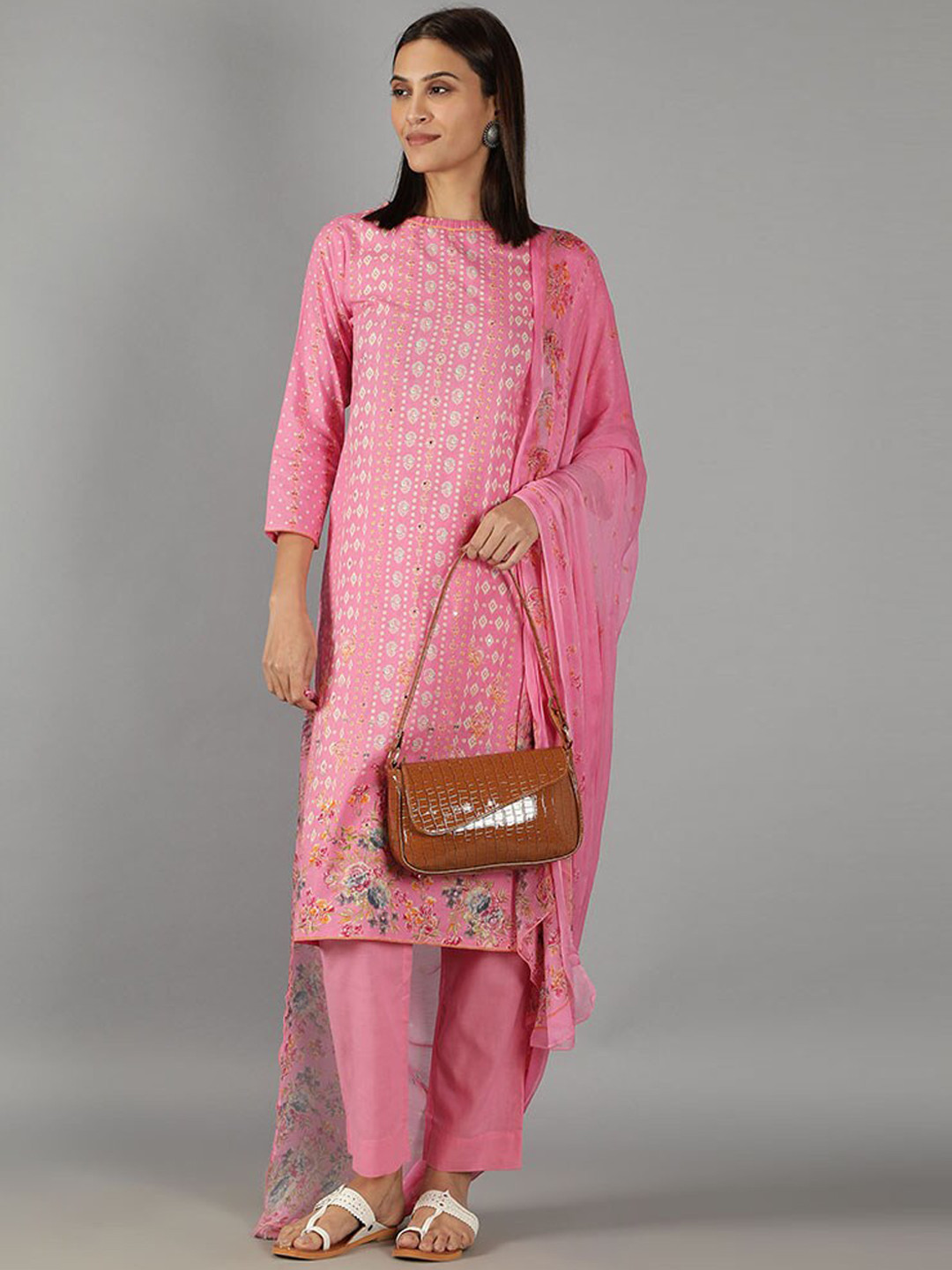 

BARARA ETHNIC Floral Printed Mirror Work Pure Cotton Kurta with Trousers & With Dupatta, Pink