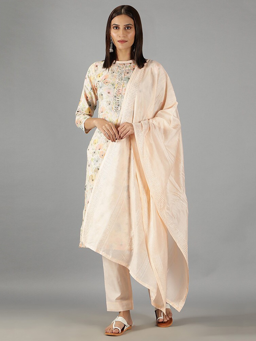 

BARARA ETHNIC Women Floral Printed Thread Work Pure Cotton Kurta with Trousers & Dupatta, Cream