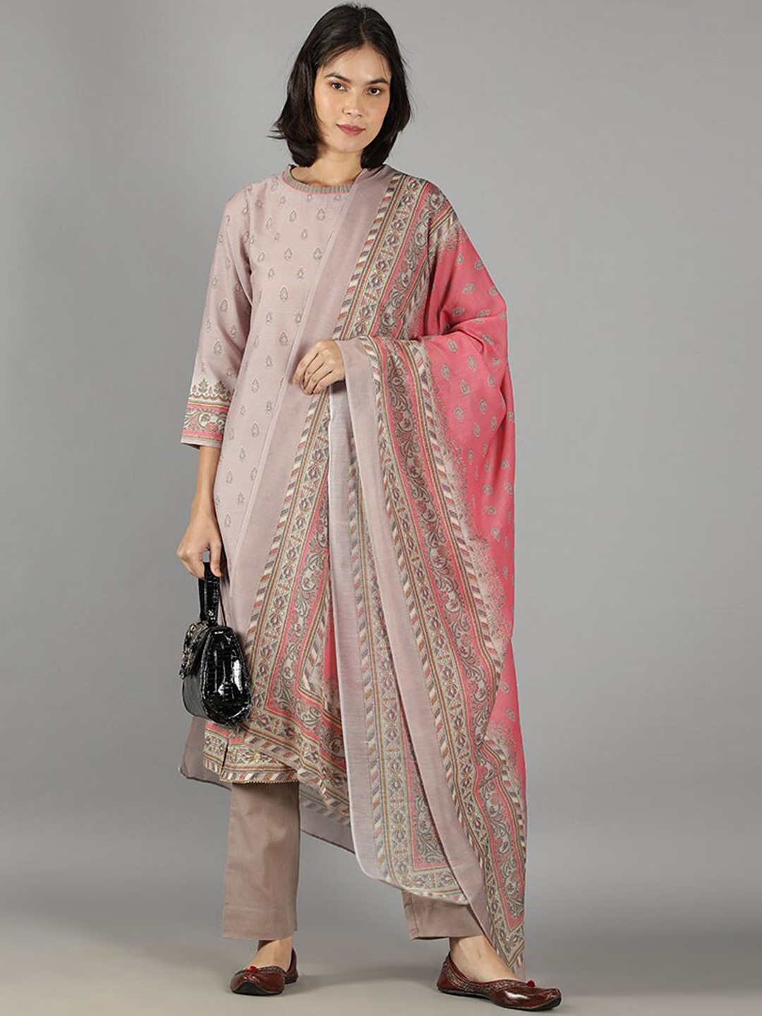 

BARARA ETHNIC Women Grey Ethnic Motifs Printed Thread Work Pure Cotton Kurta with Trousers & With Dupatta