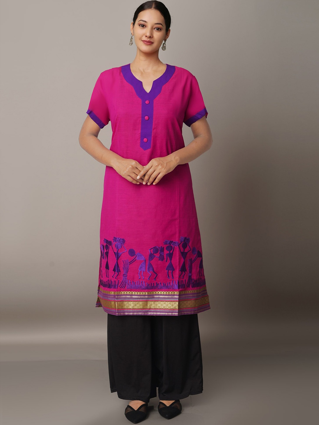 

Unnati Silks Women Ethnic Motifs Yoke Design Handloom Cotton Kurta, Pink