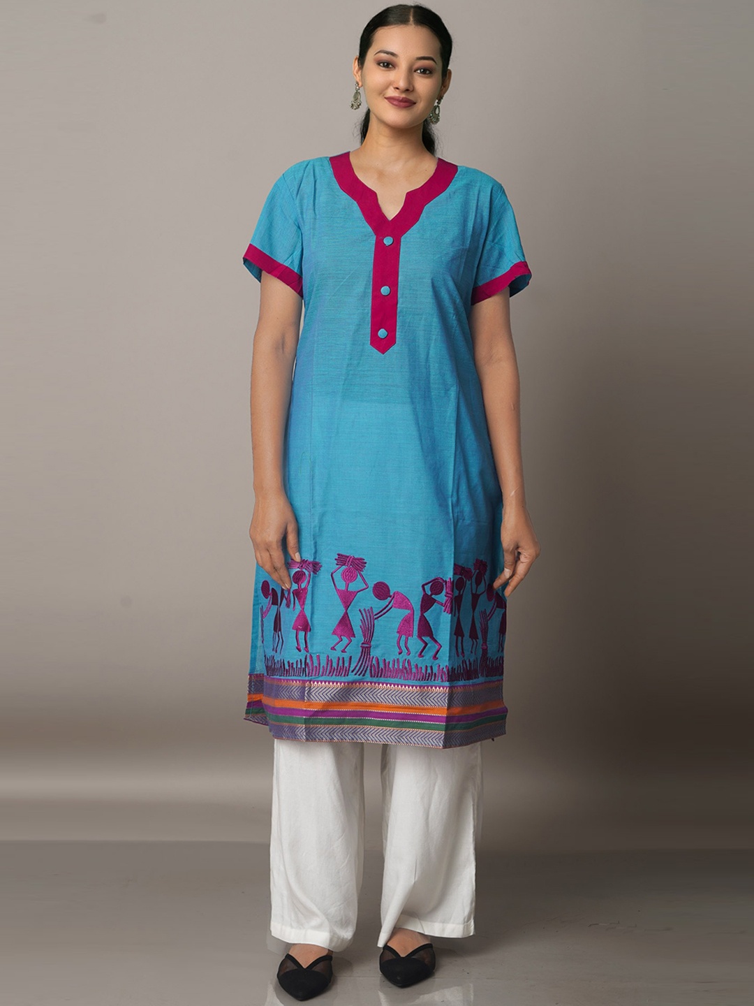 

Unnati Silks Women Ethnic Motifs Yoke Design Handloom Cotton Kurta, Blue