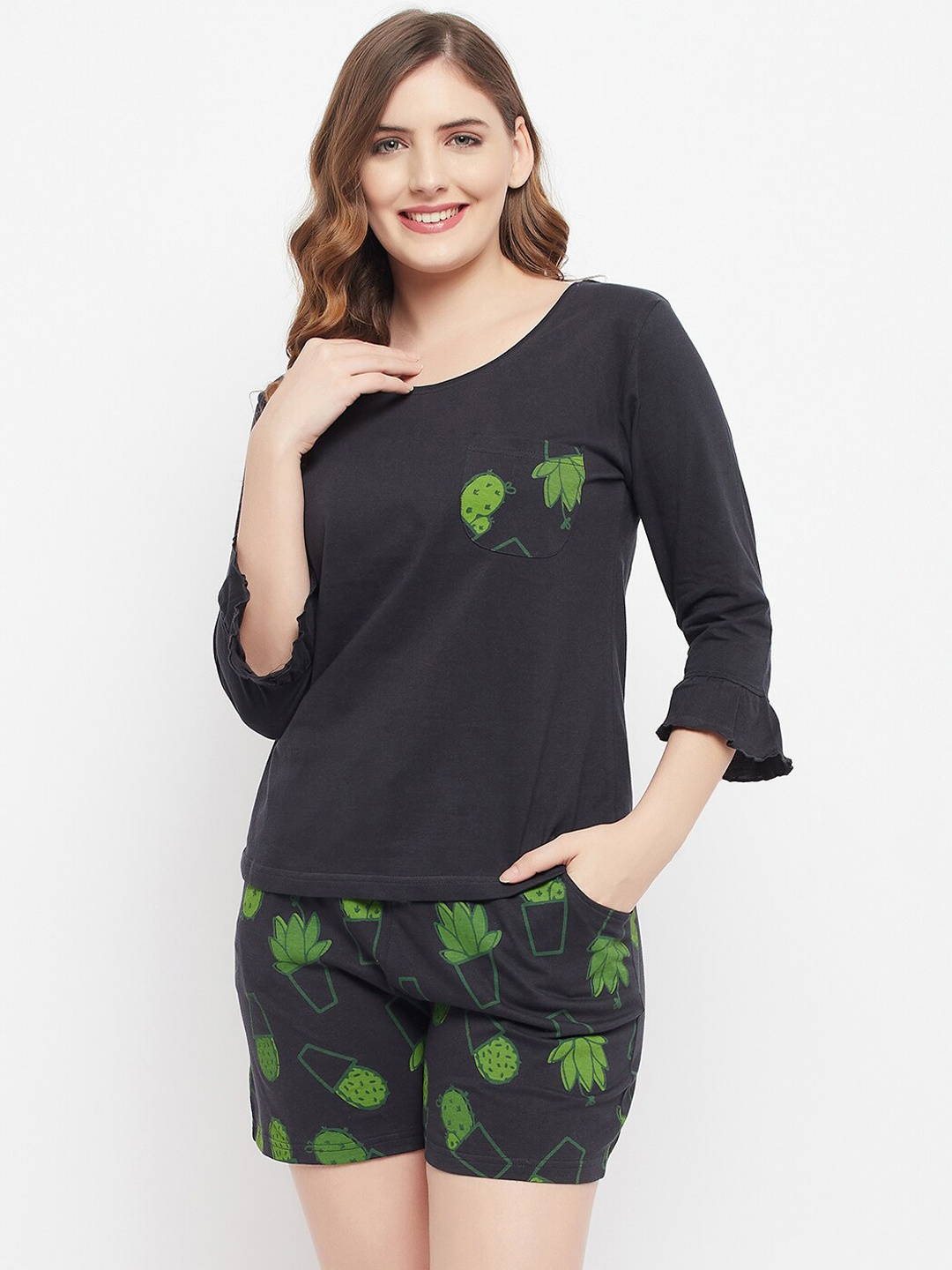 

Clovia Cactus Printed Pure Cotton Top & Shorts Set, Black