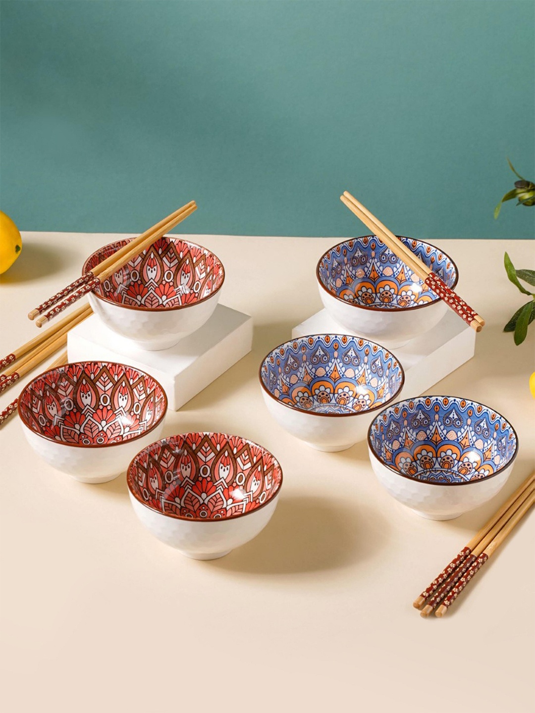 

Nestasia Set of 6 Multicolor Floral Printed Ceramic Bowls With Chopsticks 200ml each, Red