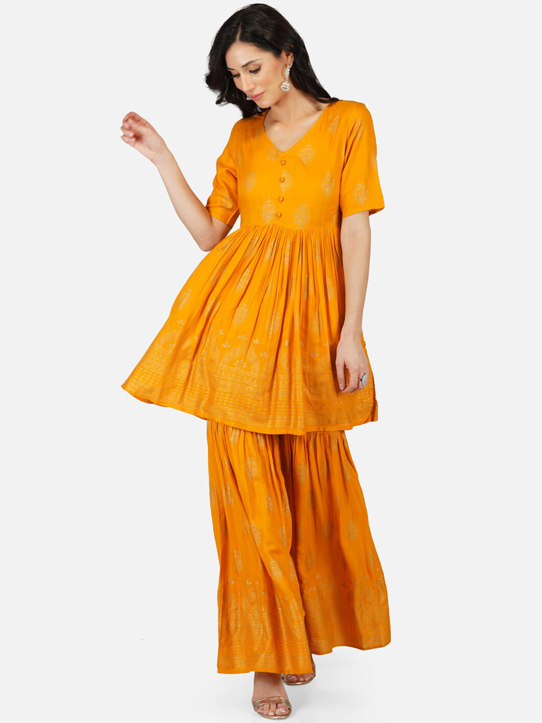 

METRO-FASHION Yellow Ethnic Motifs Printed Pleated Kurta with Sharara, Mustard