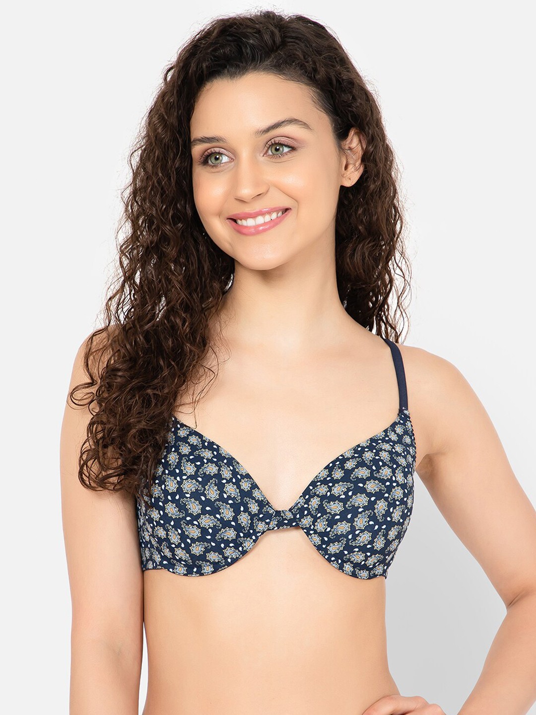 

Clovia Push-Up Padded Underwired Demi Cup Paisley Print T-shirt Bra, Blue