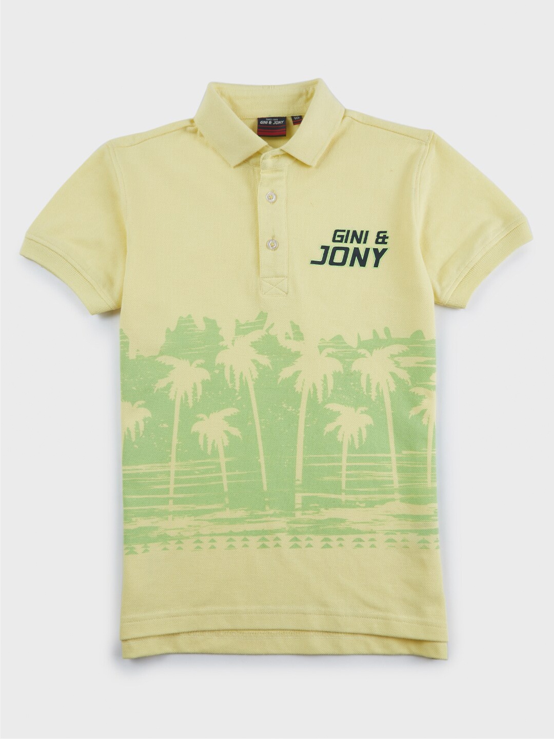 

Gini and Jony Boys Yellow Printed Polo Collar Tropical Pure Cotton T-shirt