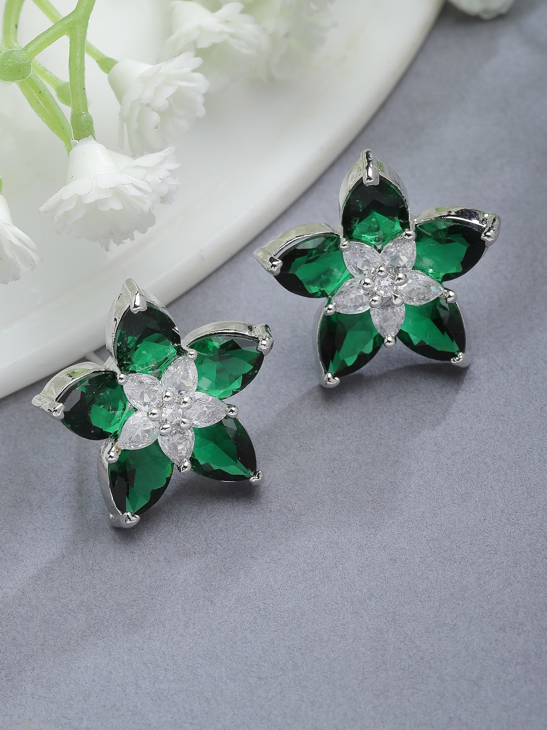 

Kennice Rhodium Plated Floral Studs Earrings, Green