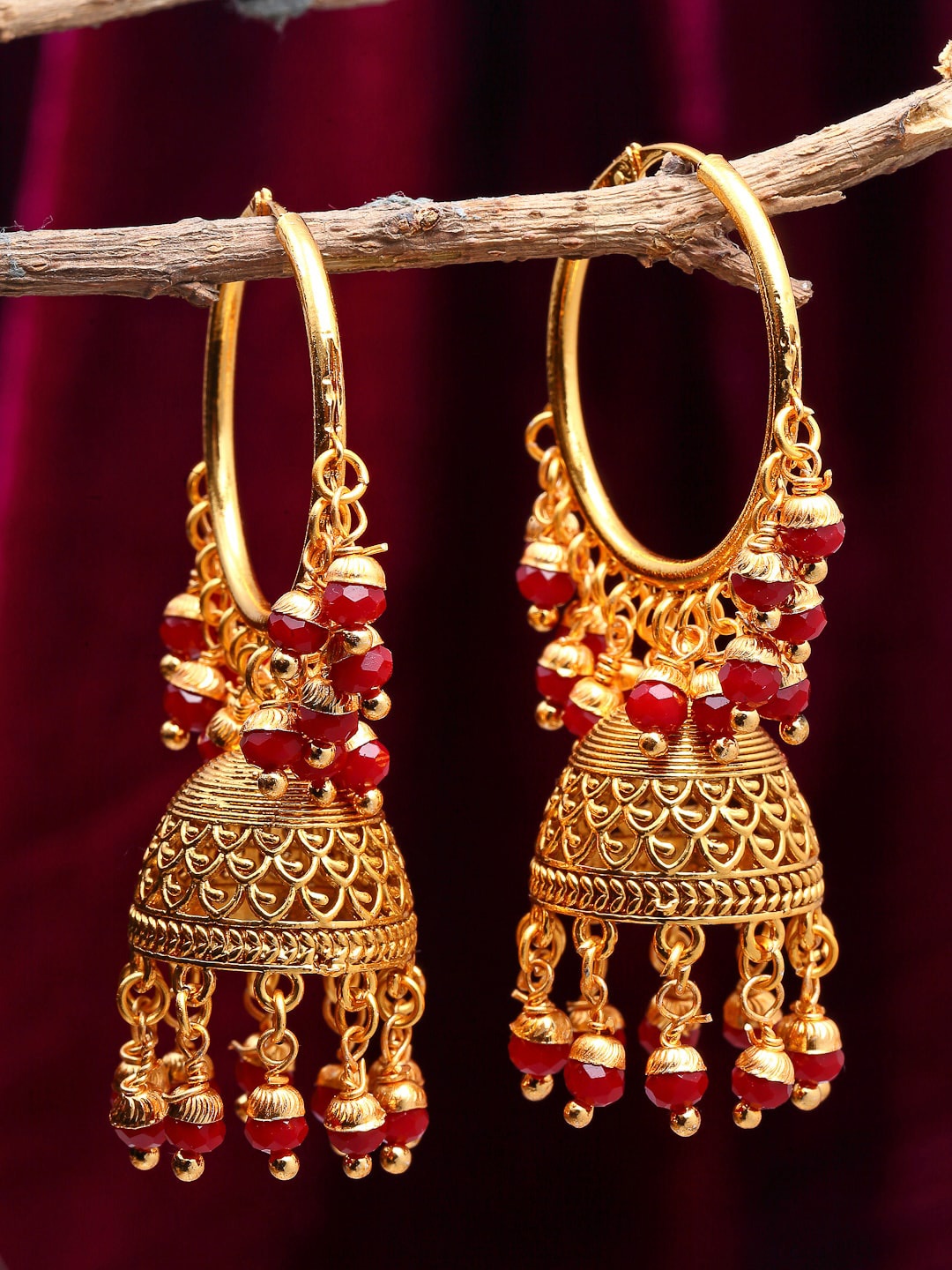 

Kennice Dome Shaped Gold Plated Jhumkas Earrings, Red