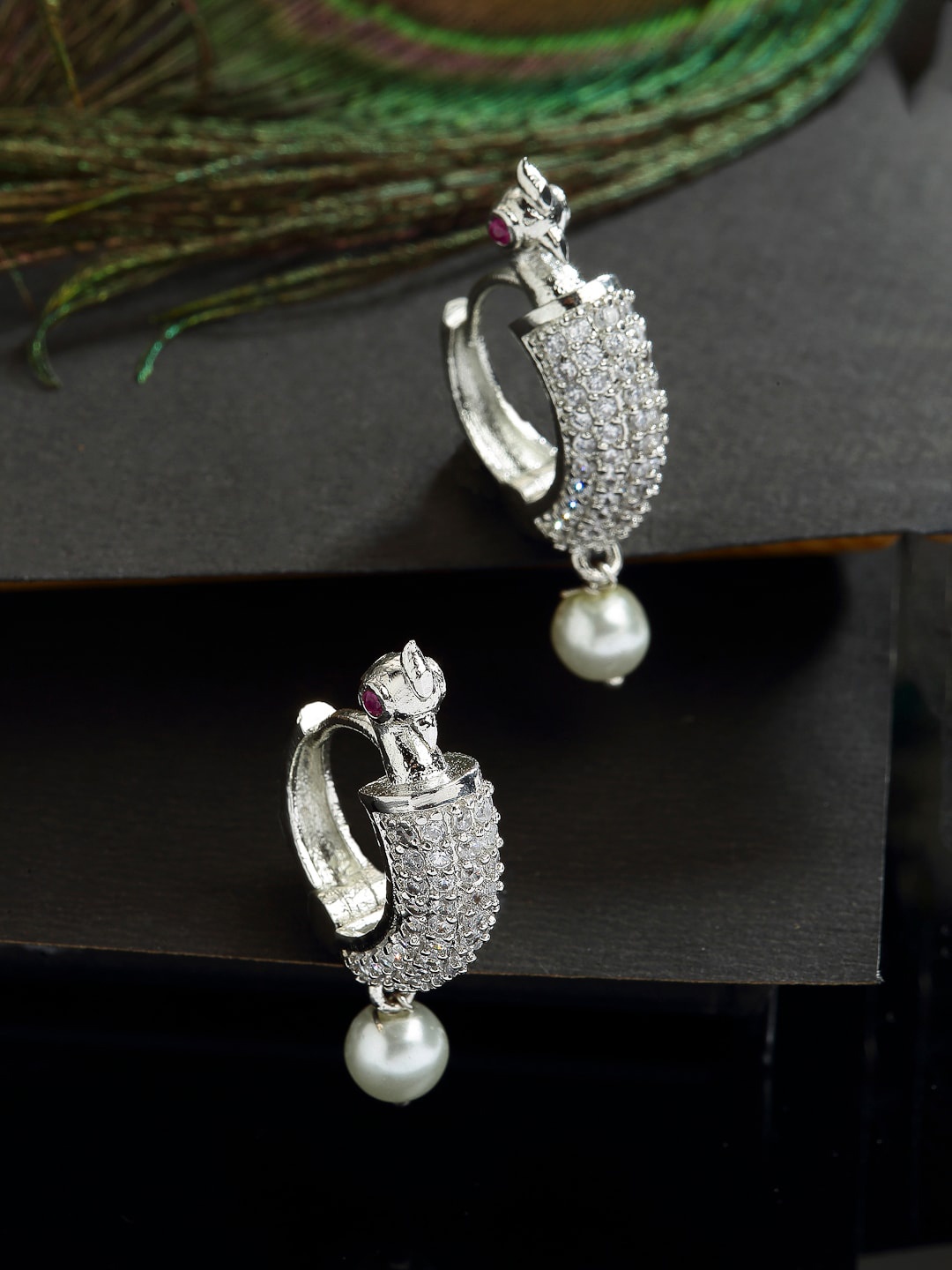 

Kennice Women Rhodium-Plated Peacock Shaped Hoop Earrings, White