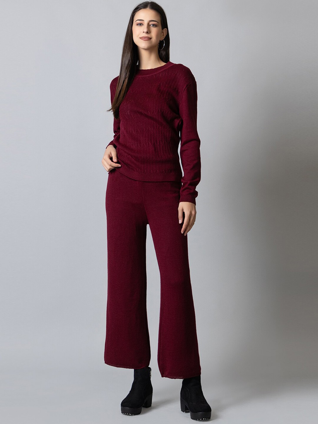 

ARMISTO Women Wollen Cable Knit Co Ord Set, Maroon