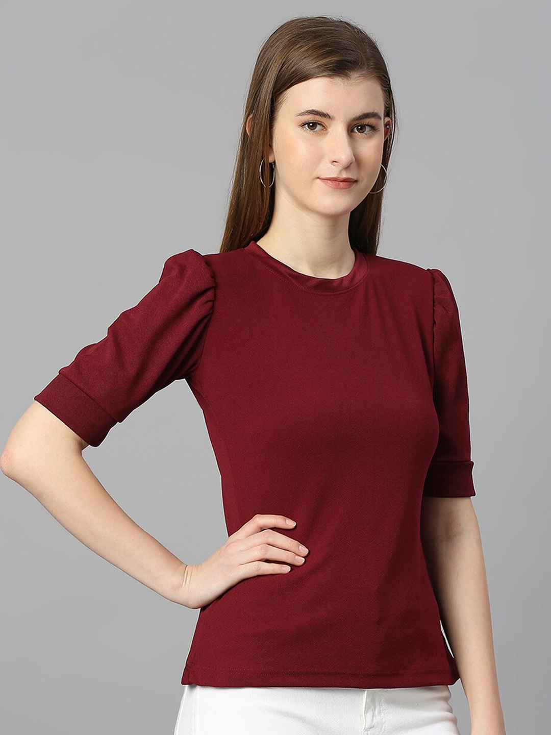 

WESTHOOD Puff Sleeves Regular Top, Maroon